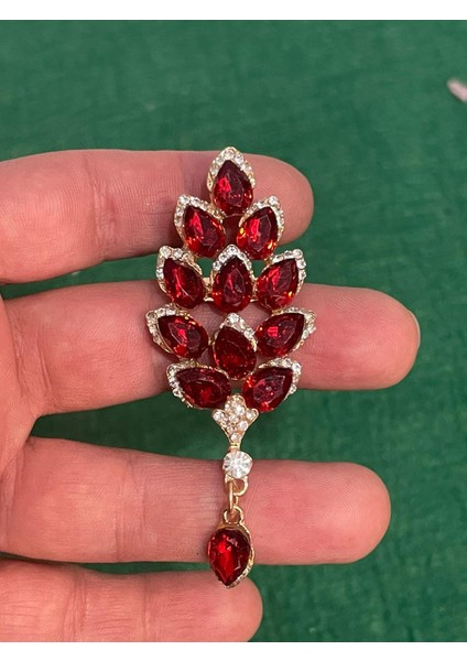 3x7 cm Kırmızı Zirkon Cam Taşlı Yaprak Broş Iğnelik Yaka Iğnesi Türban Iğnesi fiyatları