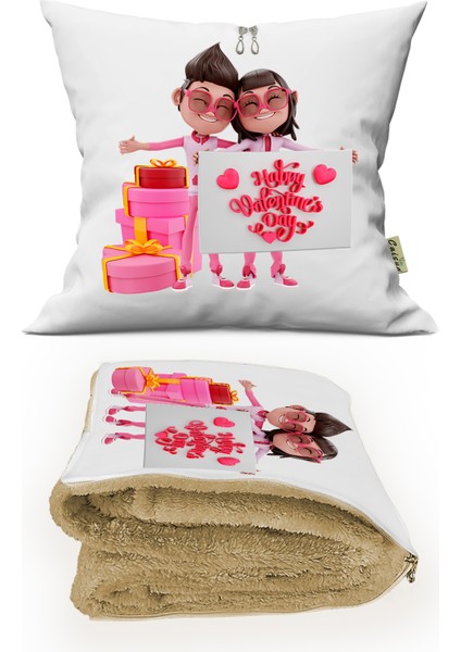 Sevgililer Günü Kalpli Baskılı Battaniyeli Opsiyonel Dekoratif Kırlent