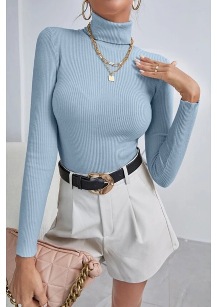 Kadın Bebe Mavisi Pamuklu Kumaş Balıkçı Yaka Kaşkorse Slimfit Boğazlı Kazak