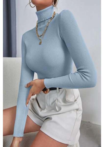 Kadın Bebe Mavisi Pamuklu Kumaş Balıkçı Yaka Kaşkorse Slimfit Boğazlı Kazak fiyatları