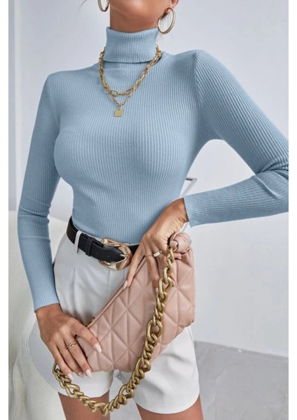 Kadın Bebe Mavisi Pamuklu Kumaş Balıkçı Yaka Kaşkorse Slimfit Boğazlı Kazak modelleri