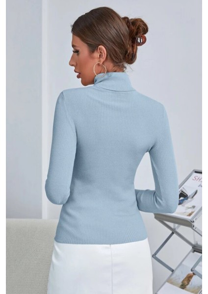 Kadın Bebe Mavisi Pamuklu Kumaş Balıkçı Yaka Kaşkorse Slimfit Boğazlı Kazak fırsatları