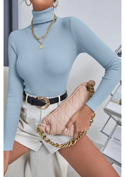 Kadın Bebe Mavisi Pamuklu Kumaş Balıkçı Yaka Kaşkorse Slimfit Boğazlı Kazak indirimleri