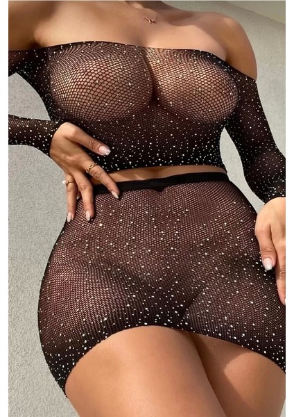 Gece Modası Kadın Etekli Body Fantezi Taşlı File Takım