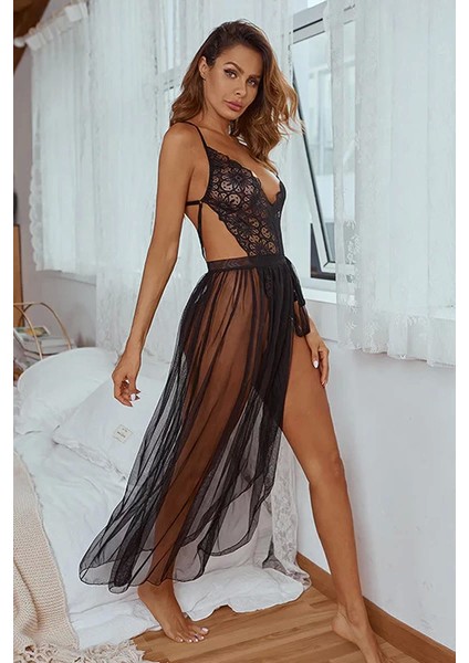 Kadın Siyah Uzun Tül Dantel Body Gecelik modelleri
