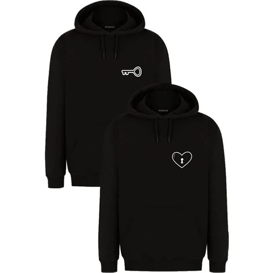 Joza Outdoors Kadın Erkek Anahtar Kalp Baskılı Sevgili Çift Kombini Tasarım Kapüşonlu Sweatshirt 2'li Takım