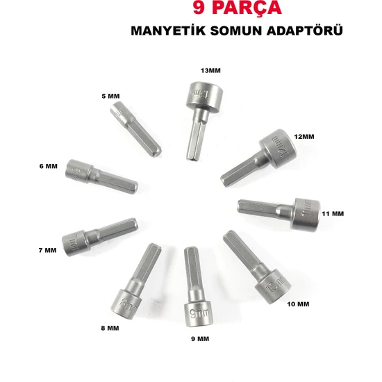 Anadolu Strong Manyetik Somun Adaptörü 9 Parça 5-13 mm Arası  Lokma Takımı