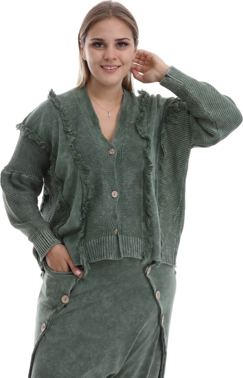Mia Butik Büyük Beden Bohem Haki Hırka