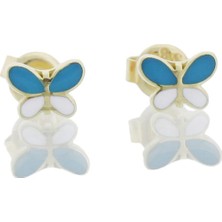 İryum Mavi Beyaz Kelebek Altın Çocuk Küpe