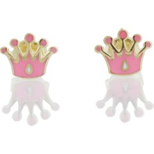 İryum Pembe Prenses Taç Altın Çocuk Küpe