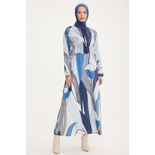Armine Beli Ayarlanabilen Desenli Elbise 22K9519 Mavi