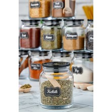 Fbz Home Etiketli 300 ml 12 Adet Siyah Kapak Kavanoz ve 12 Adet Mini Baharat Kaşığı - 24 Parça Baharat Seti