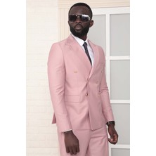 Dewsa Plus Sivri Yaka Metal Düğmeli Çift Yırtmaç Slim Fit Düz Pudra Kruvaze Takım Elbise