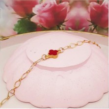 BijuStore Altın Kaplama Kırmızı Sedef Taş Kadın Yonca Bileklik