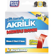 Boss Tape Çift Taraflı Bant Şeffaf Çok Güçlü Akrilik Silikon Montaj Bandı En:18mm Boy:3mt