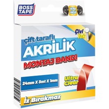 Boss Tape Çift Taraflı Bant Şeffaf Çok Güçlü Akrilik Silikon Montaj Bandı En:24mm Boy:3mt