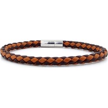 Solfera Taba Kahverengi Çapraz Örgü Deri Metal Klips Erkek Bileklik M041E