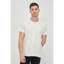 Cekmon Erkek Asimetrik Yırtık Detaylı Bisiklet Yaka Kısa Kollu Basic T-Shirt