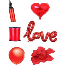 Best Parti Sevgililer Günü Kırmızı Love Balon-Pompa-Rafya-Gül Yaprağı-1 Kalp Folyo Balon-30 Latex Balon