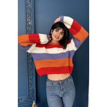 Due Stelle Oversize Bisiklet Yaka Çizgili Crop Kazak