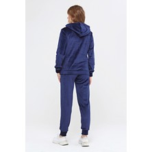 İkmal Kalın Kapüşonlu Kadın Eşofman Takım Lacivert Yumuşak Kadife Kışlık Özellikli M Beden