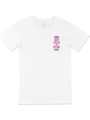 Cix Pembe Keep Calm Play Game Cep Logo Tasarımlı Beyaz Tişört