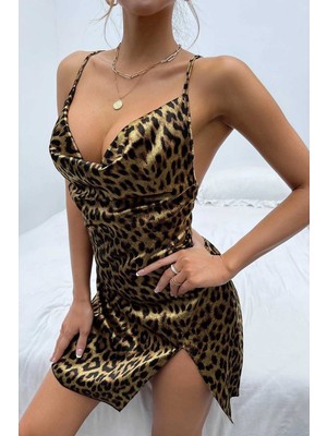 Merry See Leopar Desenli Yırtmaçlı Saten Gecelik Elbise Kadın İçin Çok Renkli 90% Polyester