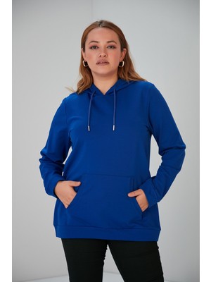 Rmg Kapşonlu Büyük Beden Saks Sweatshirt