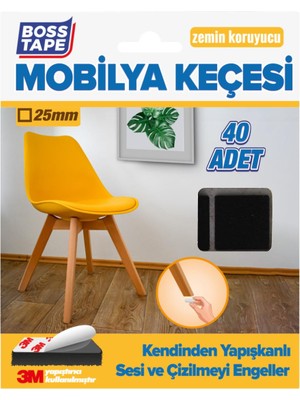 Boss Tape 3M Yapışkanlı 40 Adet 25MM Kare Siyah Mobilya Sandalye Masa Ayağı Keçesi