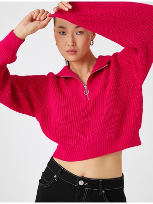 Koton Crop Kazak Yarım Fermuarlı Uzun Kollu