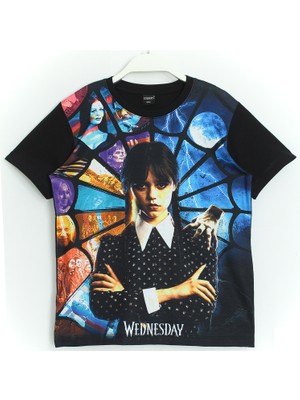 DobaKids 3D Baskılı Kız Çocuk Wednesday Addams T-Shirt Siyah