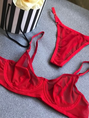 Masal Lingerie Kadın Kapsız Balenli Kırmızı Tül Takım Sütyen