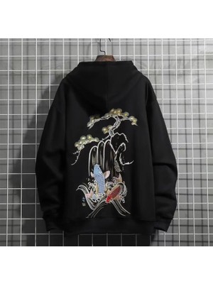 Amor Man Büyük Beden Kapüşonlu Koi Balığı Sırt Baskılı 3 Iplik %100 Pamuk Özel Tasarım Erkek Sweatshirt