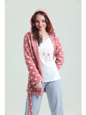 Magic Form 37680 Kadın Gül Kurusu Kalpli 3'lü Polar Pijama Takım