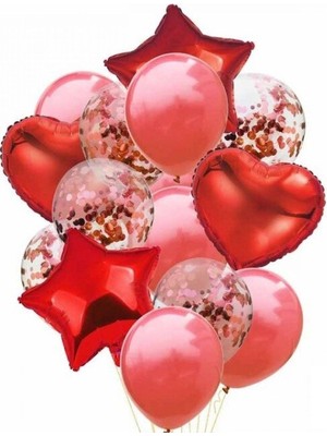 Bal10 Dünyası Sevgililer Günü Konfetili Kırmızı Kalp-Yıldız Folyo Balon Seti