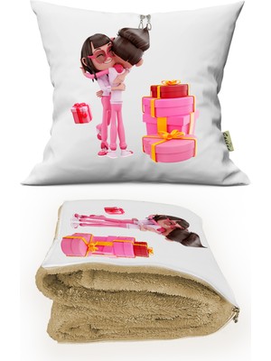 Sevgililer Günü İçin Kalpli Baskılı Battaniyeli Opsiyonel Dekoratif Kırlent