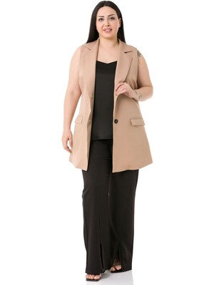 Disentis Modest Büyük Beden Düğmeli Kapaklı Cepli Astarlı Uzun Vizon Yelek