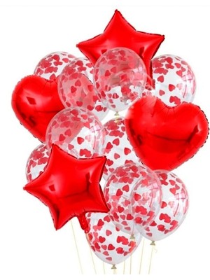 Best Parti Sevgililer Günü Kırmızı Kalp Konfetili 2 Yıldızlı 2 Kalpli 10 Şeffaf Balon Demeti