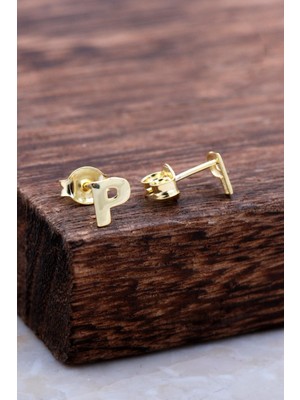 Sümer Telkari P Harfi Altın Kaplama Gümüş Küpe 5992