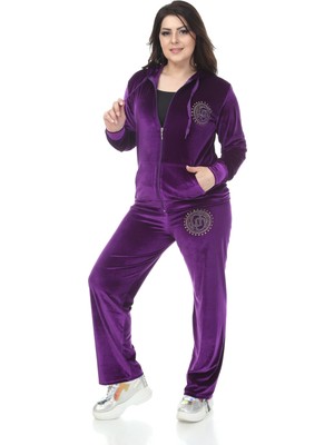 İkmal Bol Paça Mor Taşlı Kadife Eşofman Takım