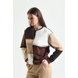 Kahverengi Parçalı Patchwork Sweatshirt
