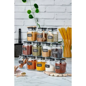 Fbz Home Etiketli 300 ml 12 Adet Siyah Kapak Kavanoz ve 12 Adet Mini Baharat Kaşığı - 24 Parça Baharat Seti