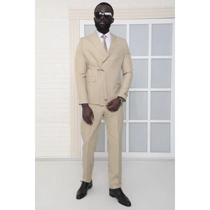 Dewsa Plus Sivri Yaka Kuşak Kapamalı Çift Yırtmaç Slim Fit Düz Bej Kruvaze Takım Elbise