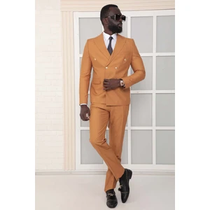 Dewsa Plus Sivri Yaka Metal Düğmeli Çift Yırtmaç Slim Fit Düz Taba Kruvaze Takım Elbise
