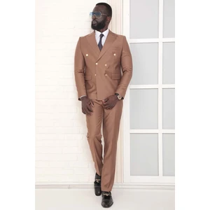 Dewsa Plus Sivri Yaka Metal Düğmeli Çift Yırtmaç Slim Fit Düz Kahverengi Kruvaze Takım Elbise