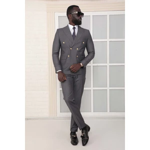 Dewsa Plus Sivri Yaka Metal Düğmeli Çift Yırtmaç Slim Fit Düz Füme Kruvaze Takım Elbise