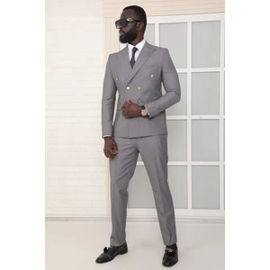 Dewsa Plus Sivri Yaka Metal Düğmeli Çift Yırtmaç Slim Fit Düz Gri Kruvaze Takım Elbise