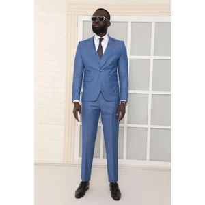 Dewsa Plus Mono Yaka Tek Düğme Çift Yırtmaç Yelekli Slim Fit Düz Mavi Takım Elbise