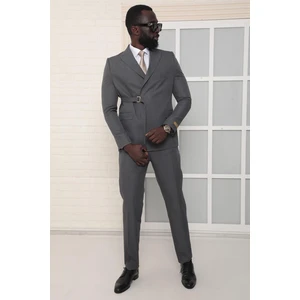 Dewsa Plus Sivri Yaka Kuşak Kapamalı Çift Yırtmaç Slim Fit Düz Füme Kruvaze Takım Elbise