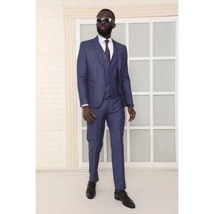 Dewsa Plus Mono Yaka Tek Düğme Çift Yırtmaç Yelekli Slim Fit Düz Mavi Takım Elbise